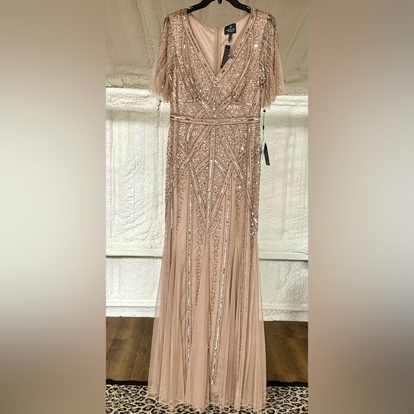 Adrianna Papell Gold Sequin Maxi Gown with Flutter Sleeves - Picture 2 of 9